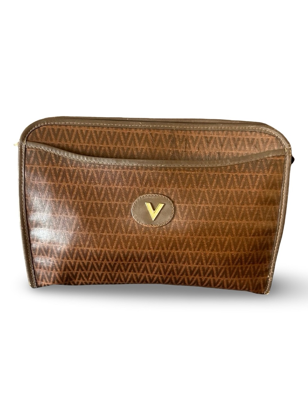 Mario Valentino Metallic Brown Leather Clutch with Gold Logo Pull
